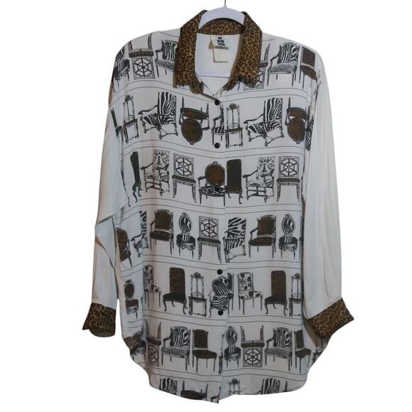 Un Deux Trois Vntg 80s Novelty Chair Print Button Up Blouse Mob Wife Quirky Sz L - Picture 1 of 10